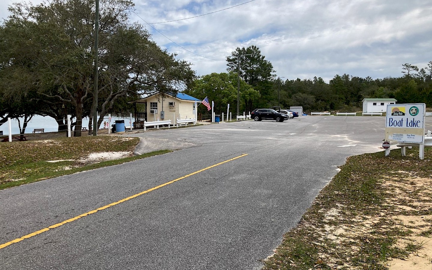 entrance to boat lake, parking lot, snack shop, and restroom areas