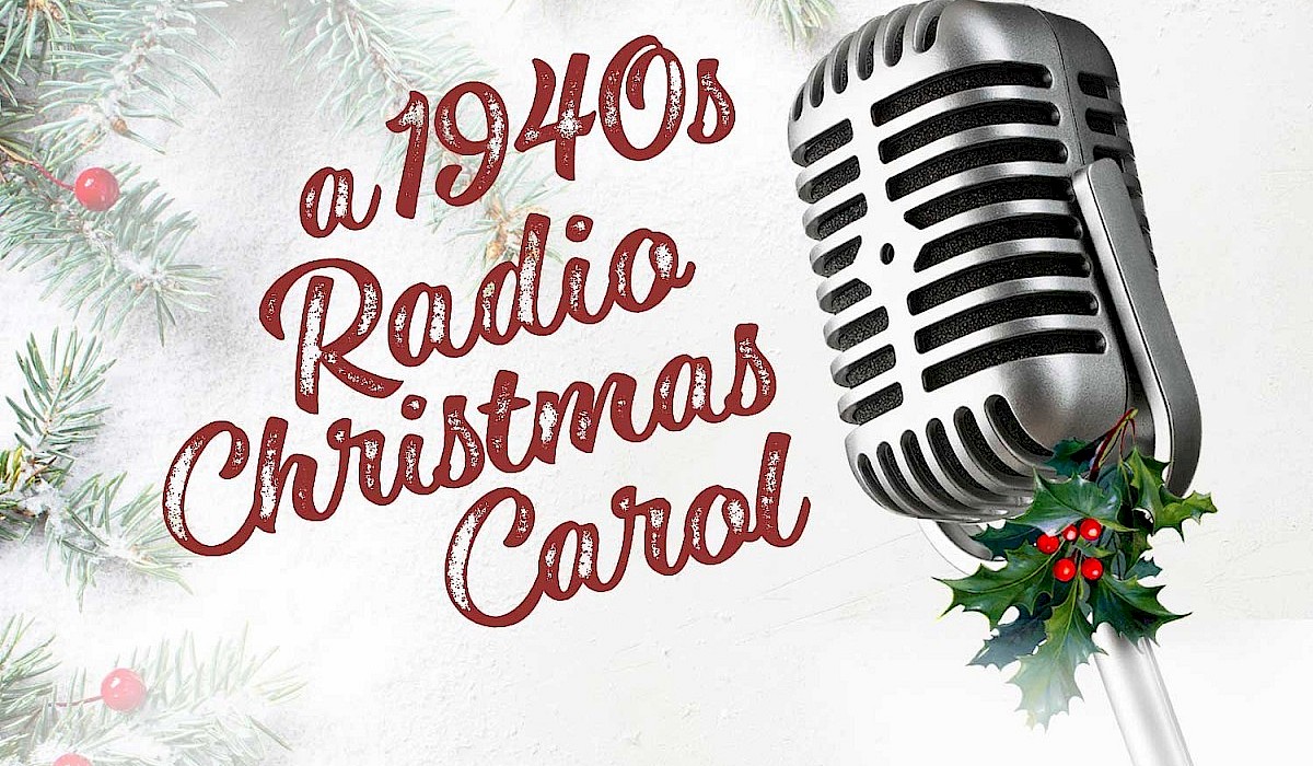 old fashioned radio mic with a holly branch tied to its base on a white background with holly branches