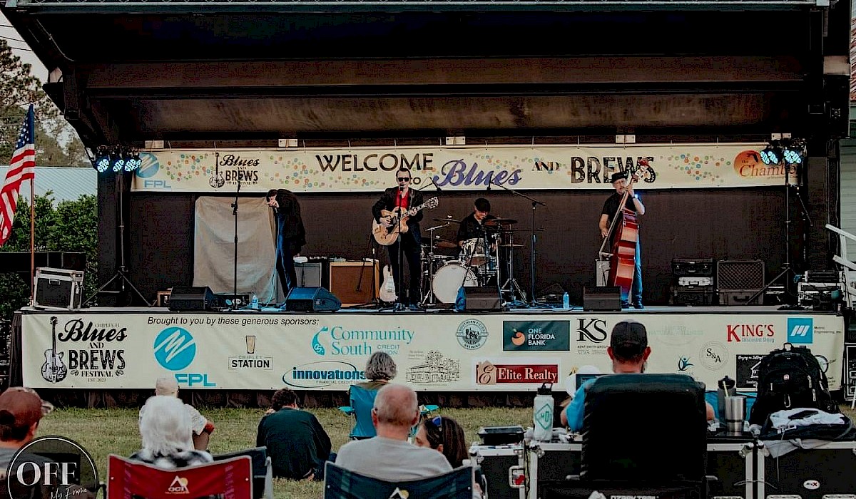 Stage with blues band performing to a crowd seated in chairs on the grass lawn